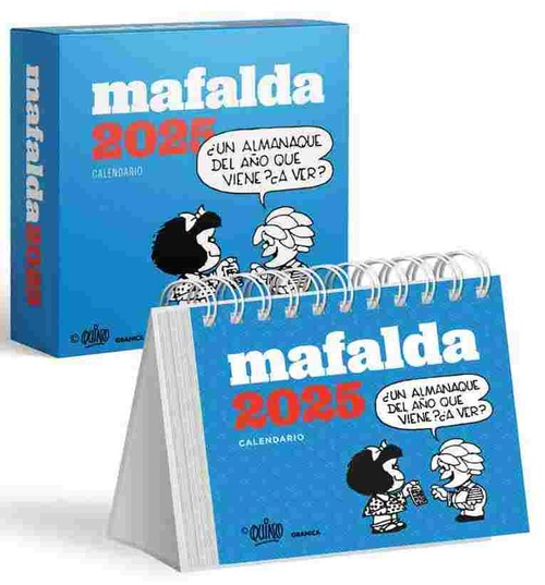 TACO CALENDARIO MAFALDA 2025 TURQUESA. ESCRITORIO CON CAJA